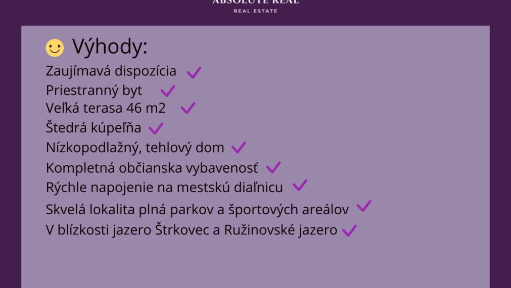 ABSOLUTE REAL / moderný 3i byt v BA – Ružinove, Astrová ulica, 60 m2, tehla, terasa 46 m2, pivnica