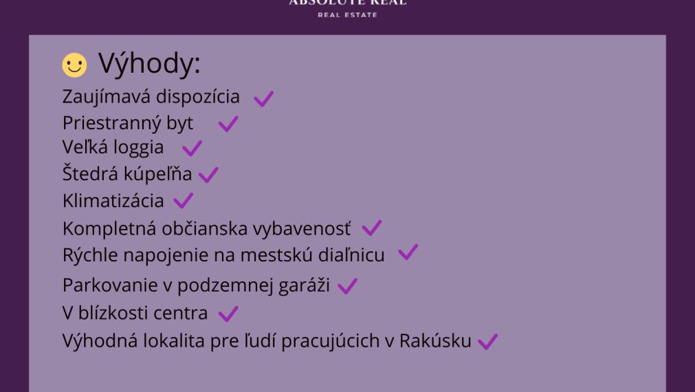 ABSOLUTE REAL / Pekný 3i byt v BA – Petržalka, Vienna Gate, Kopčianska ul., 68 m2, balkón, garáž. státie