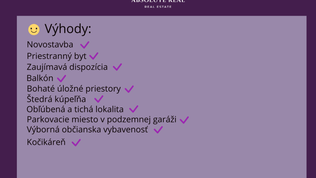 ABSOLUTE REAL / moderný 3i byt v BA – Dúbravke, Agátová ulica, 74.47 m2, balkón, pivnica, vnútorné garážové státie