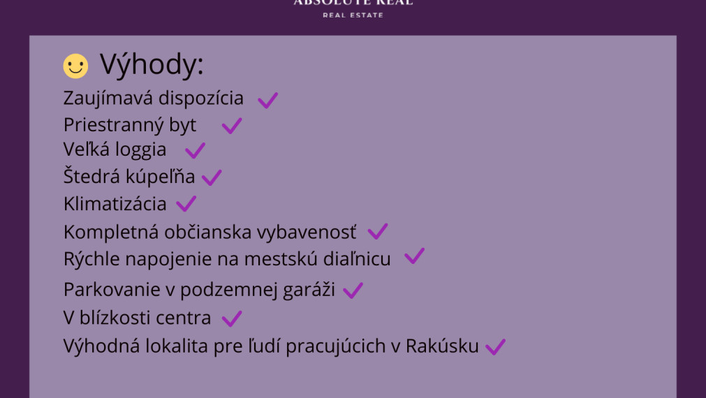 ABSOLUTE REAL / Pekný 3i byt v BA – Petržalka, Vienna Gate, Kopčianska ul., 72 m2, balkón, garáž. státie