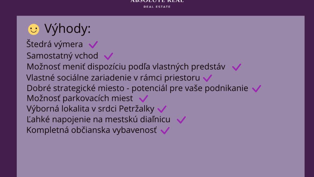 ABSOLUTE REAL / nebytový priestor v BA – Petržalke, Budatínska ulica, 119.17 m2