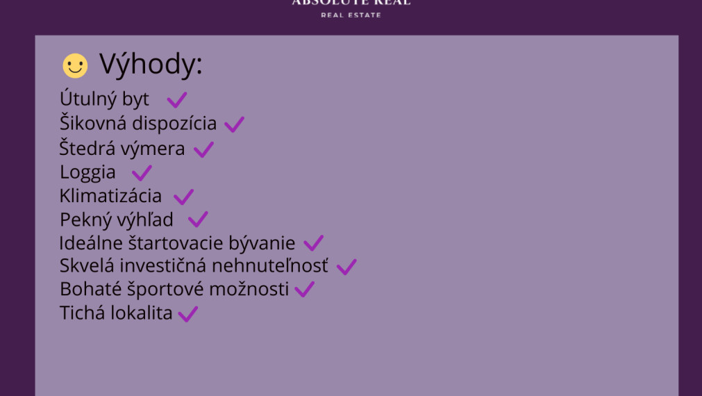ABSOLUTE REAL / Pekný väčší 1i byt v BA – Ružinov, Vlčie Hrdlo, 41.6 m2, lodžia, klimatizácia