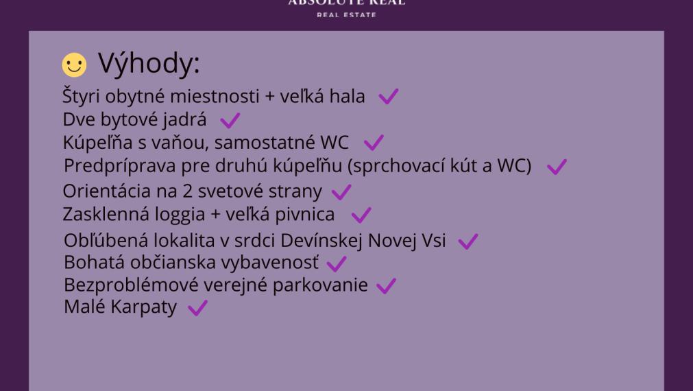 ABSOLUTE REAL / priestranný 4i byt v Bratislave – DNV, I. Bukovčana, 91.11 m2, lodžia, veľká hala